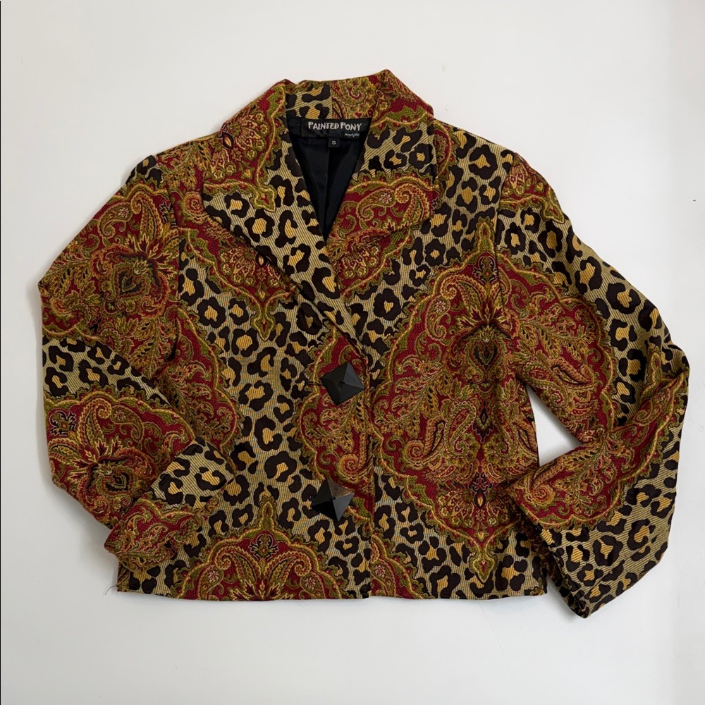 Vintage Painted Pony Tapestry Jacket Leopard Paisley Print Small Statement USA